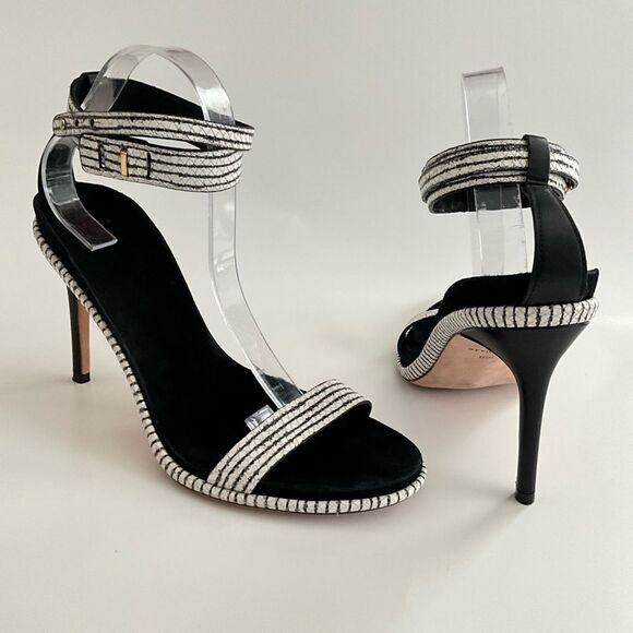 Cole Haan Leather Cyro Striped Snake Embossed Heeled Sandals Black White 10 - Picture 3 of 12